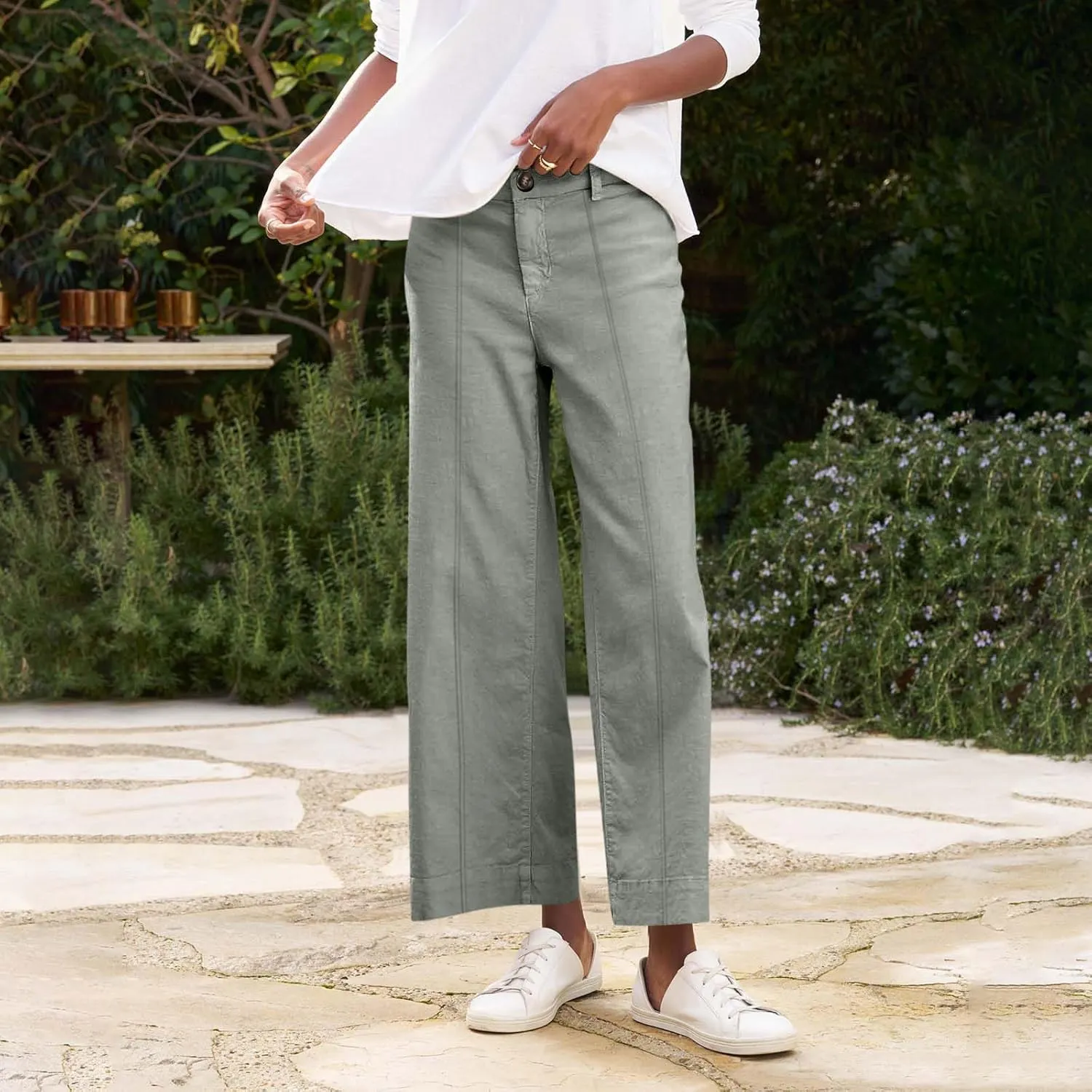 Wide Leg Cropped Pants for Women Elastic High Waist Wide Leg Linen Pants Summer Business Casual Pants with Pockets