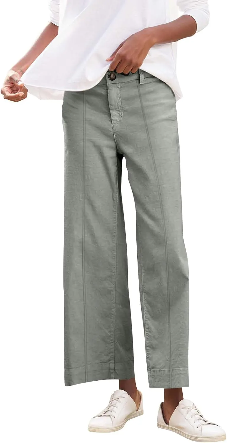 Wide Leg Cropped Pants for Women Elastic High Waist Wide Leg Linen Pants Summer Business Casual Pants with Pockets
