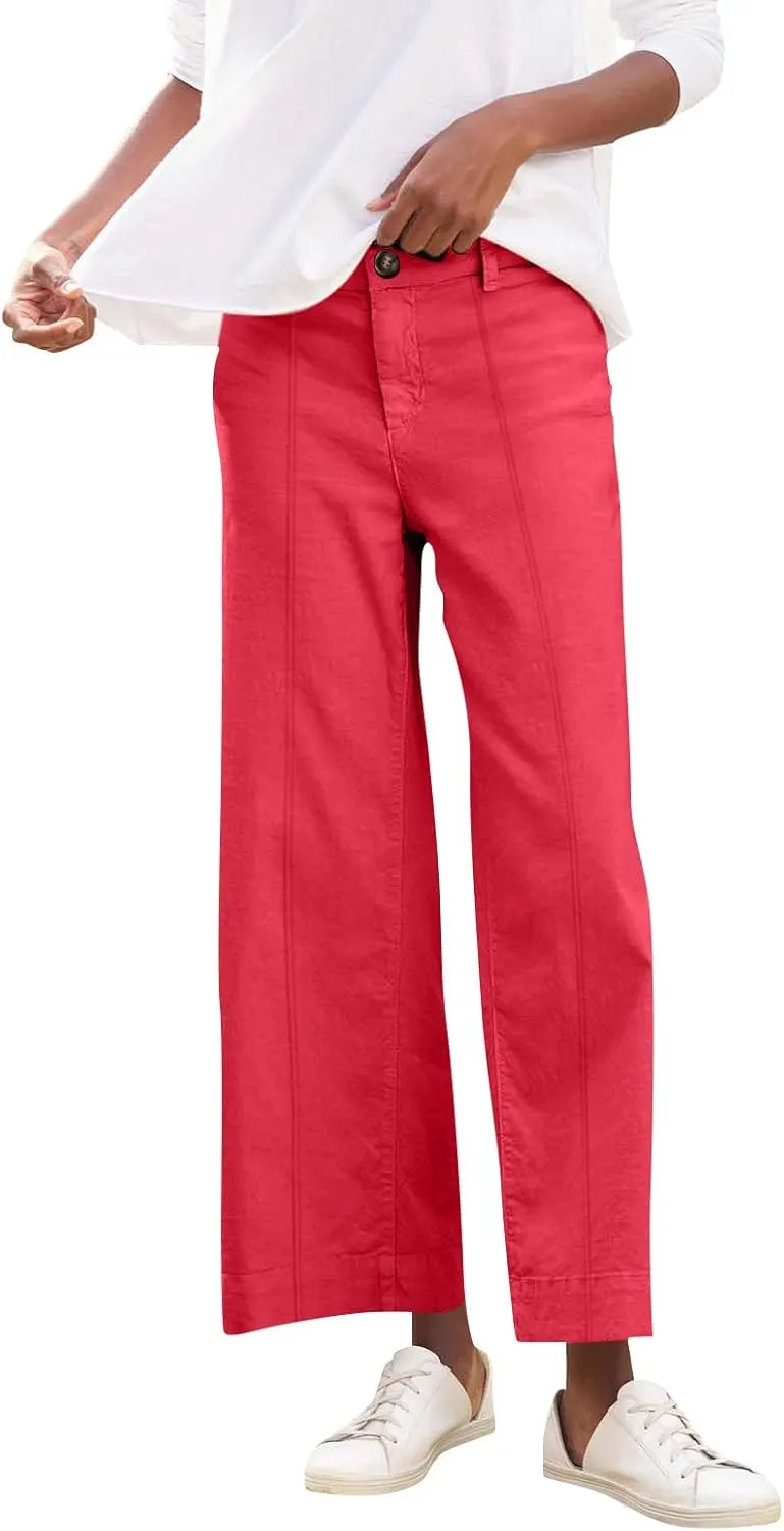 Wide Leg Cropped Pants for Women Elastic High Waist Wide Leg Linen Pants Summer Business Casual Pants with Pockets