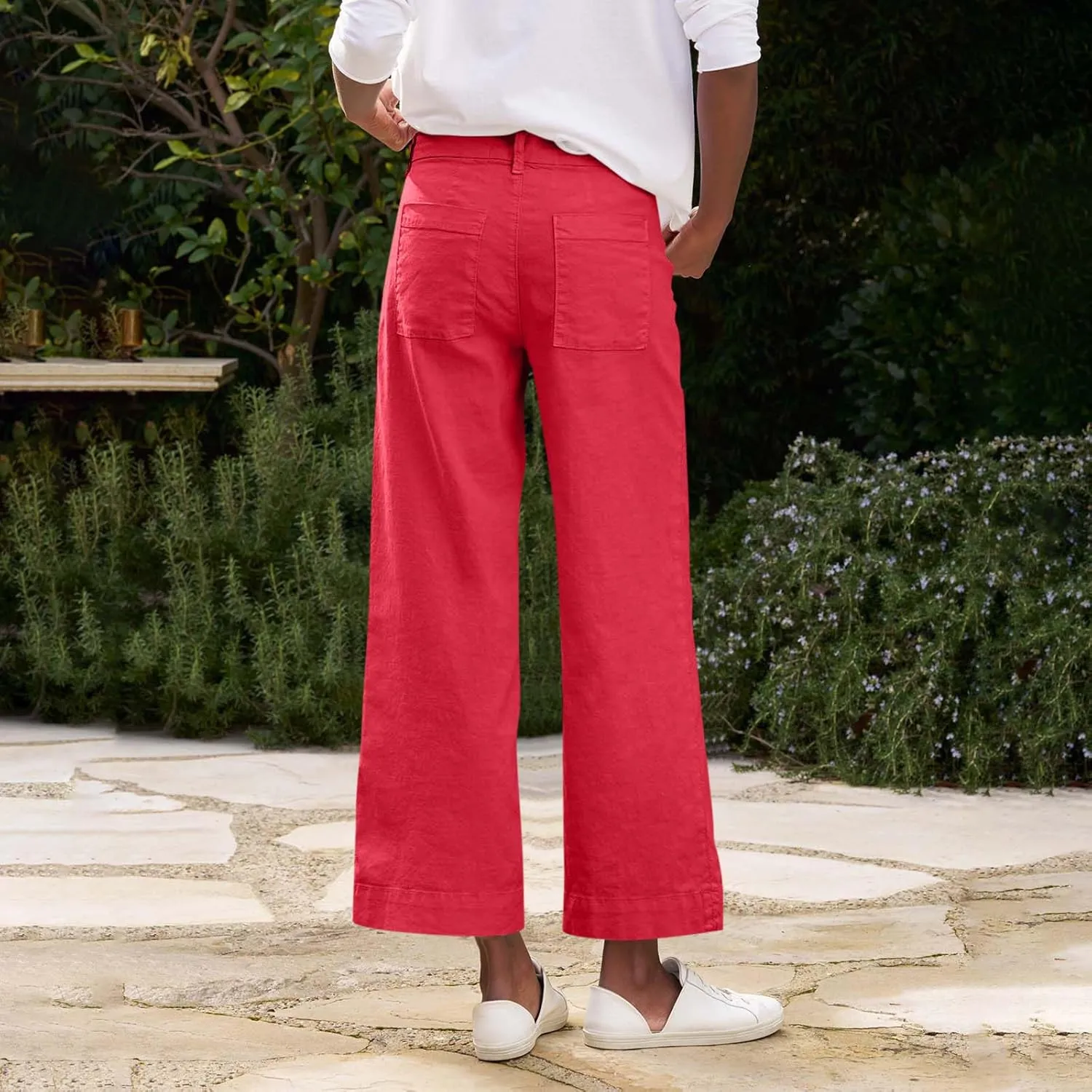 Wide Leg Cropped Pants for Women Elastic High Waist Wide Leg Linen Pants Summer Business Casual Pants with Pockets