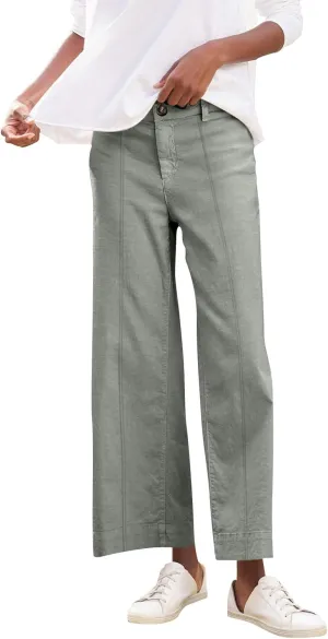 Wide Leg Cropped Pants for Women Elastic High Waist Wide Leg Linen Pants Summer Business Casual Pants with Pockets