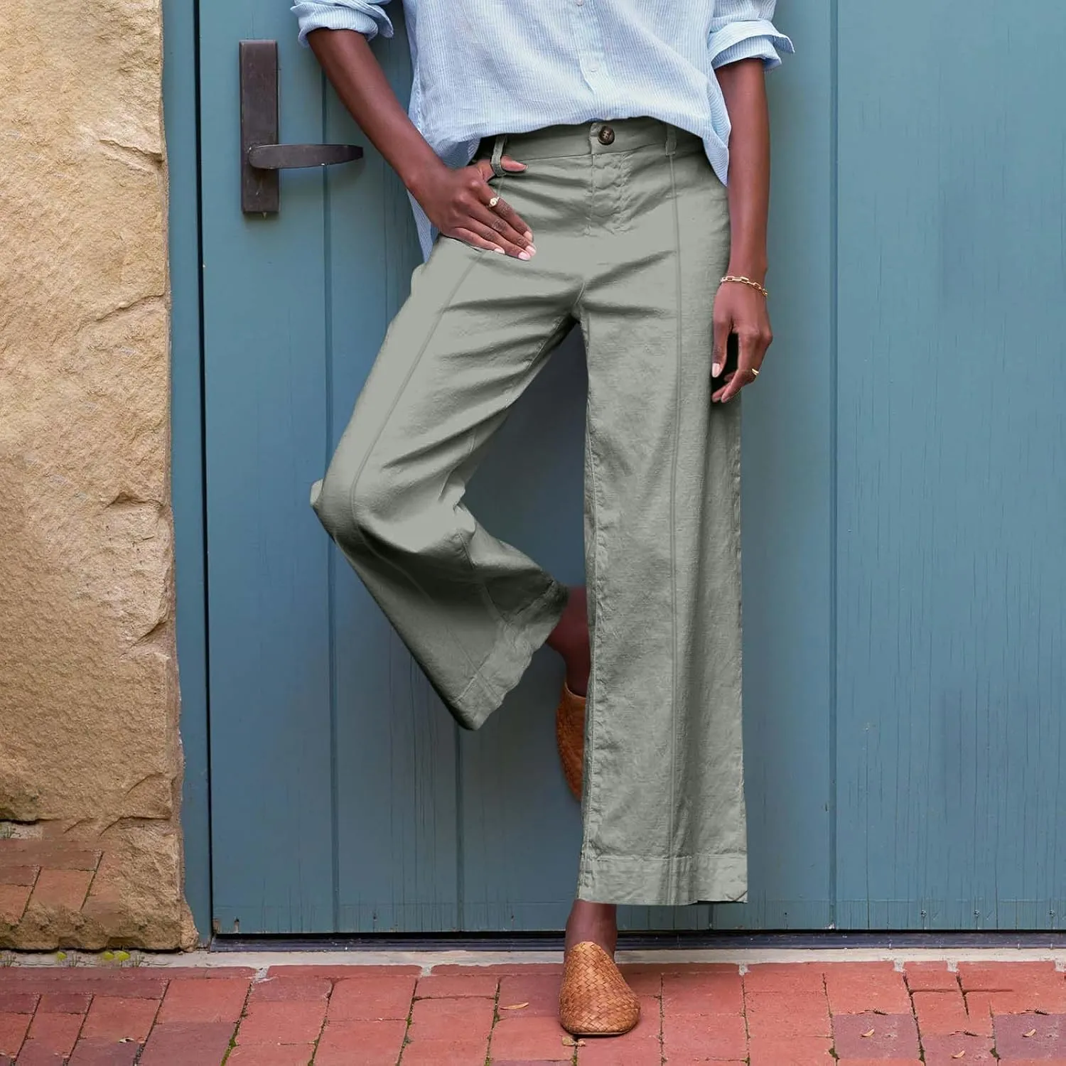 Wide Leg Cropped Pants for Women Elastic High Waist Wide Leg Linen Pants Summer Business Casual Pants with Pockets