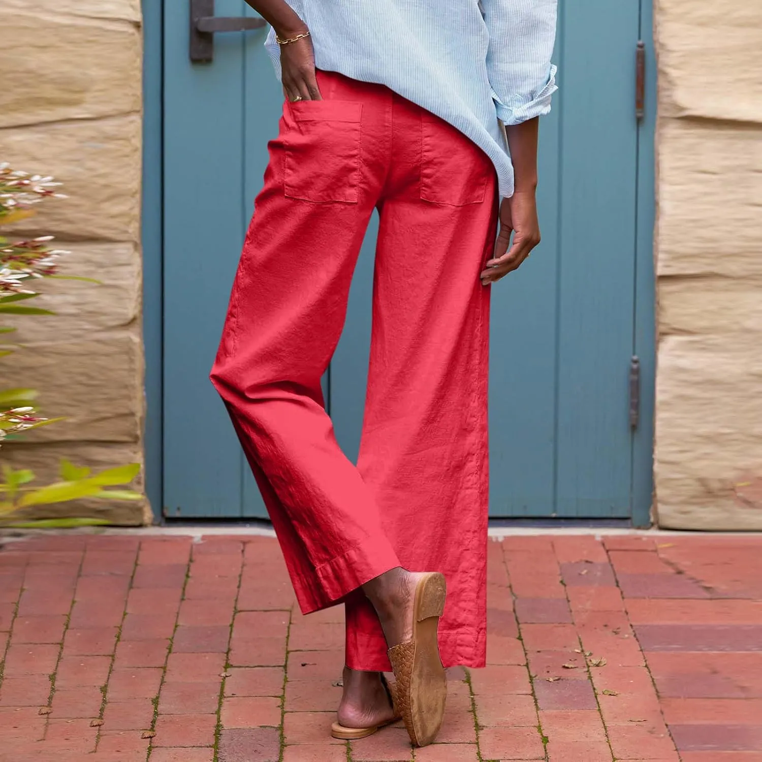Wide Leg Cropped Pants for Women Elastic High Waist Wide Leg Linen Pants Summer Business Casual Pants with Pockets