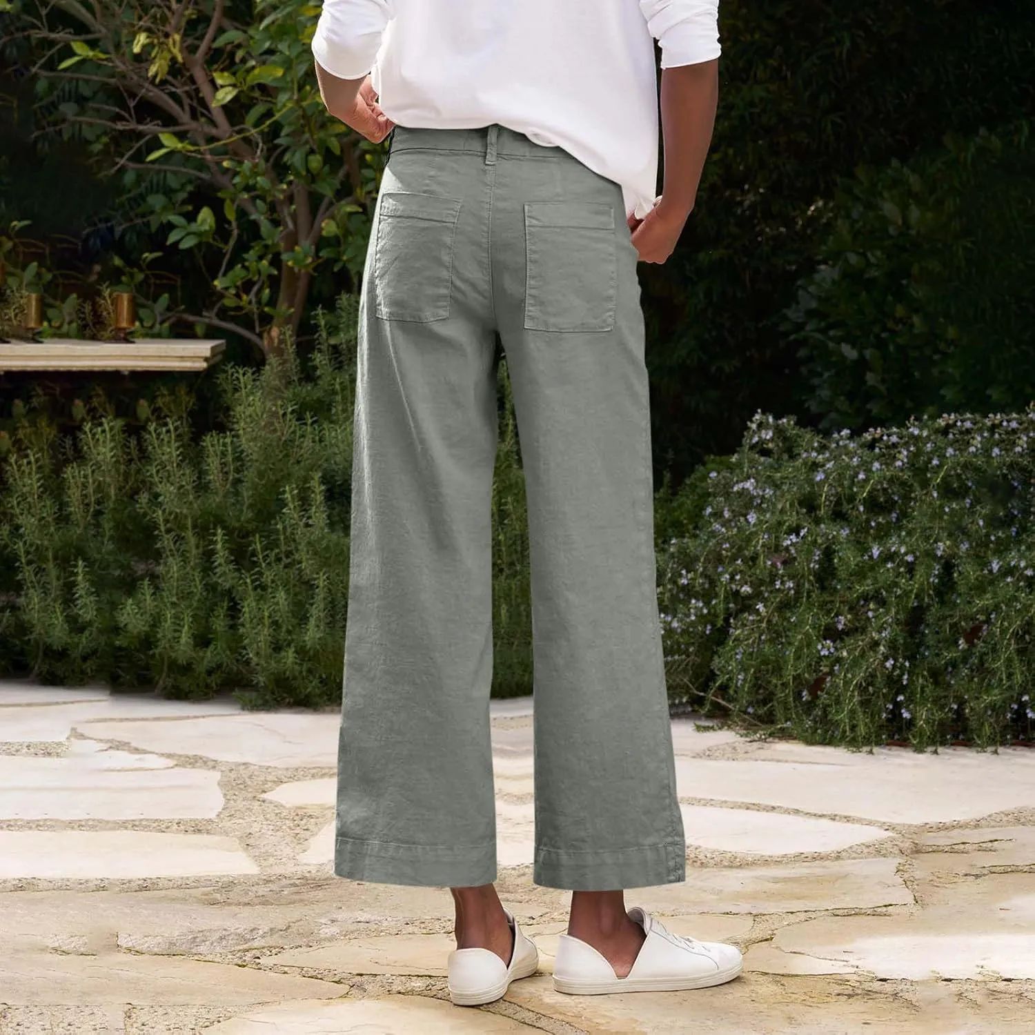 Wide Leg Cropped Pants for Women Elastic High Waist Wide Leg Linen Pants Summer Business Casual Pants with Pockets