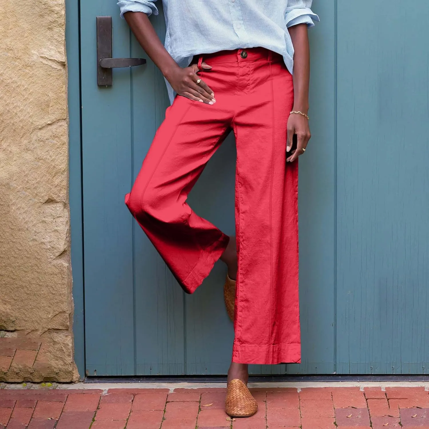 Wide Leg Cropped Pants for Women Elastic High Waist Wide Leg Linen Pants Summer Business Casual Pants with Pockets