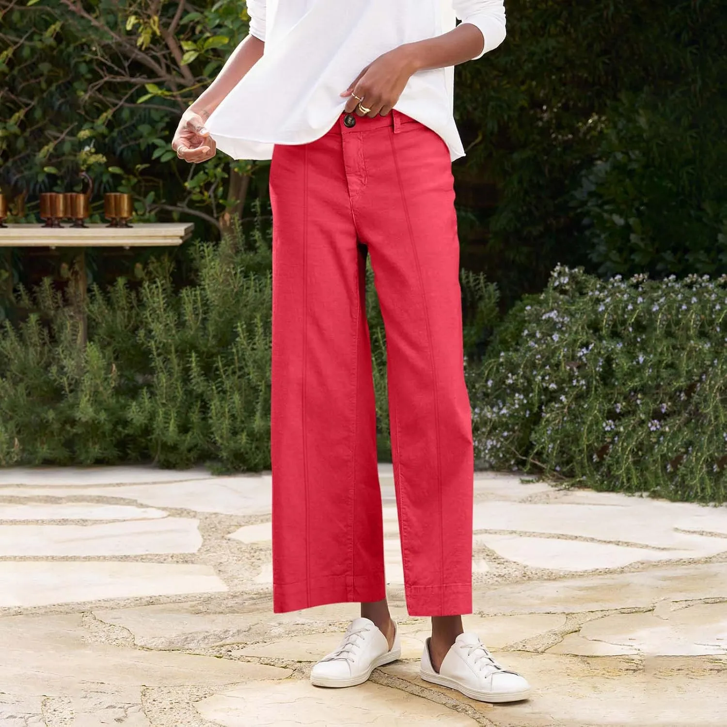 Wide Leg Cropped Pants for Women Elastic High Waist Wide Leg Linen Pants Summer Business Casual Pants with Pockets