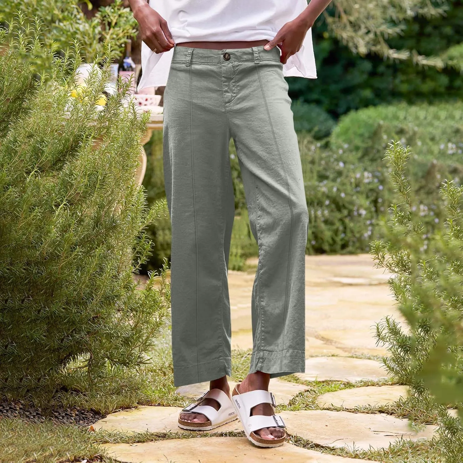 Wide Leg Cropped Pants for Women Elastic High Waist Wide Leg Linen Pants Summer Business Casual Pants with Pockets