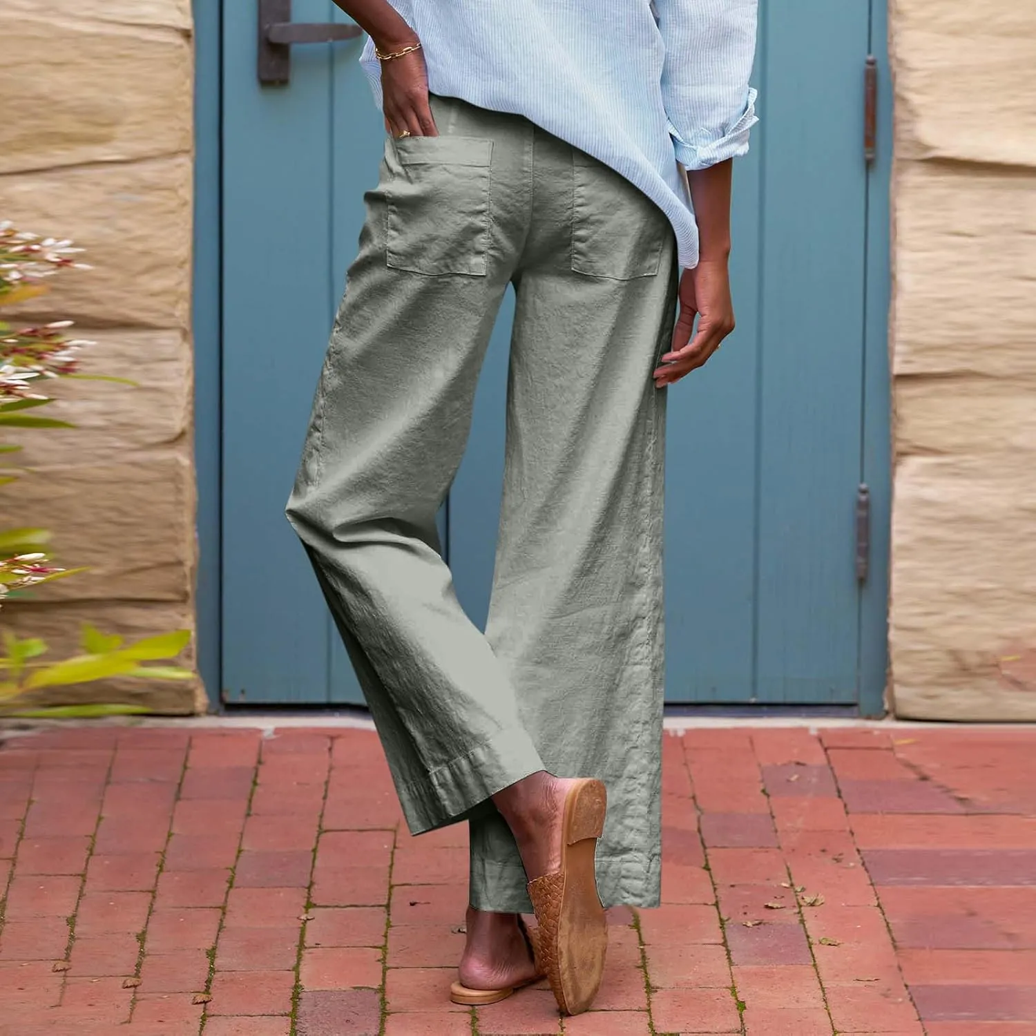 Wide Leg Cropped Pants for Women Elastic High Waist Wide Leg Linen Pants Summer Business Casual Pants with Pockets
