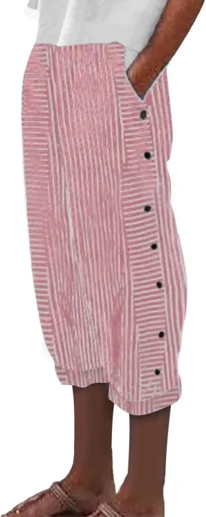 Wide Leg Linen Pants for Women Casual Side Button Striped Plus Size Straight Leg Yoga Cropped Trouser with Pockets