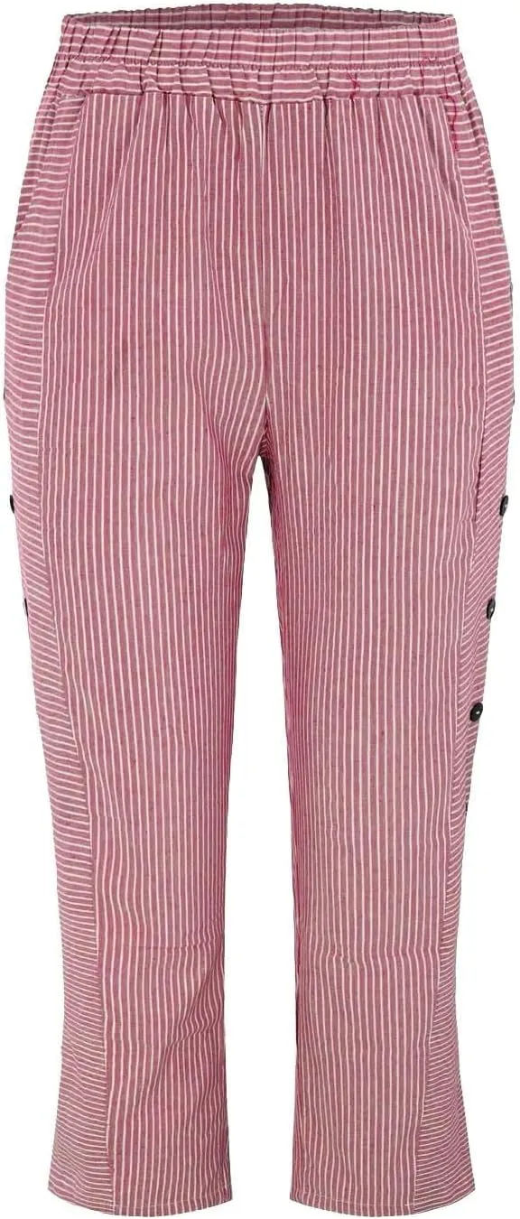 Wide Leg Linen Pants for Women Casual Side Button Striped Plus Size Straight Leg Yoga Cropped Trouser with Pockets