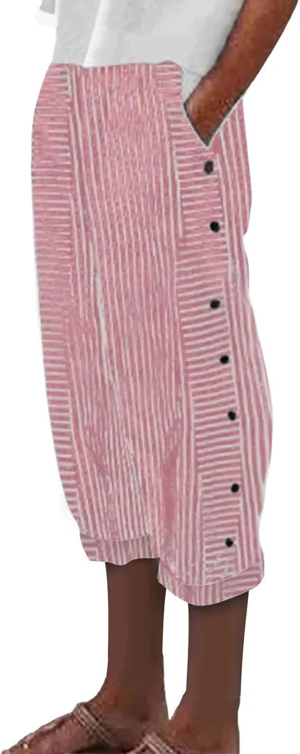 Wide Leg Linen Pants for Women Casual Side Button Striped Plus Size Straight Leg Yoga Cropped Trouser with Pockets