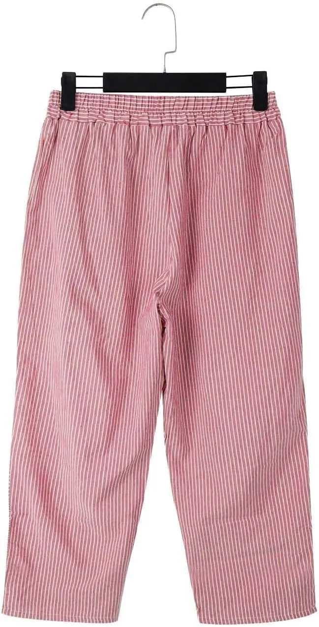 Wide Leg Linen Pants for Women Casual Side Button Striped Plus Size Straight Leg Yoga Cropped Trouser with Pockets