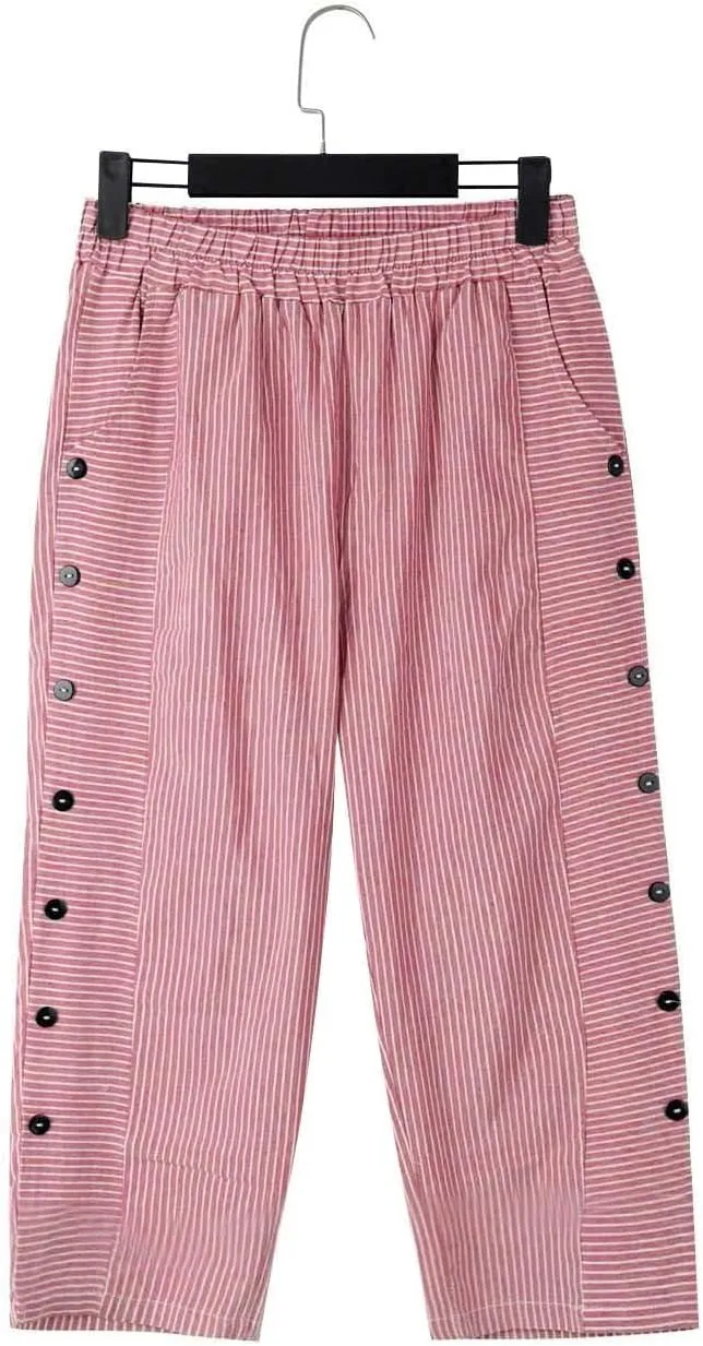 Wide Leg Linen Pants for Women Casual Side Button Striped Plus Size Straight Leg Yoga Cropped Trouser with Pockets
