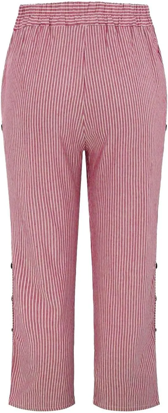 Wide Leg Linen Pants for Women Casual Side Button Striped Plus Size Straight Leg Yoga Cropped Trouser with Pockets