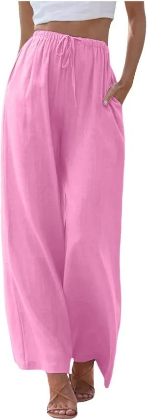 Wide Leg Linen Pants for Women Drawstring High Waisted Linen Palazzo Pants Flowy Comfy Lounge Pants with Pockets