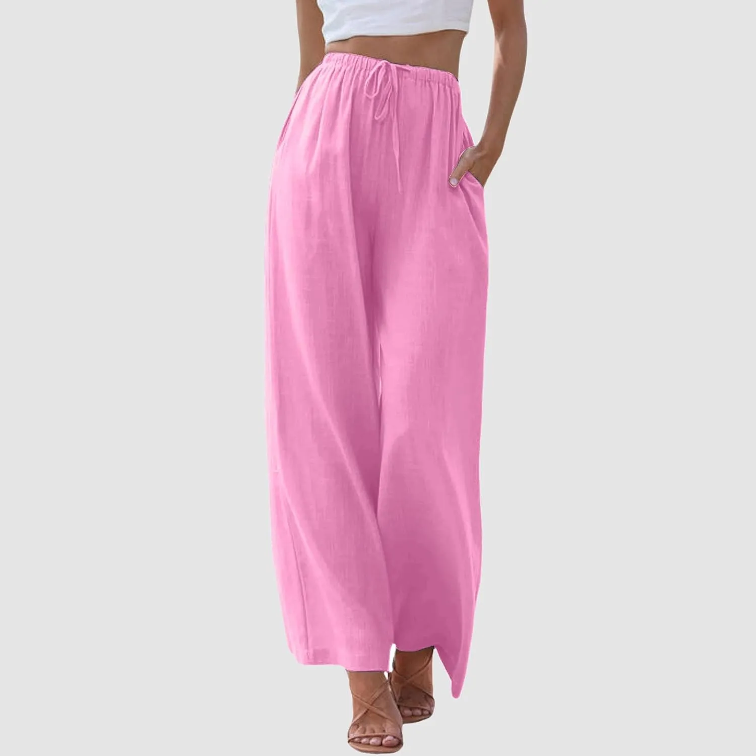 Wide Leg Linen Pants for Women Drawstring High Waisted Linen Palazzo Pants Flowy Comfy Lounge Pants with Pockets