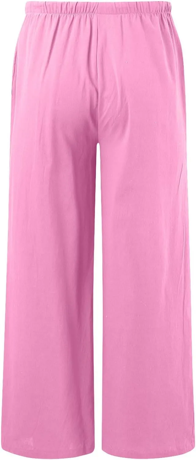 Wide Leg Linen Pants for Women Drawstring High Waisted Linen Palazzo Pants Flowy Comfy Lounge Pants with Pockets