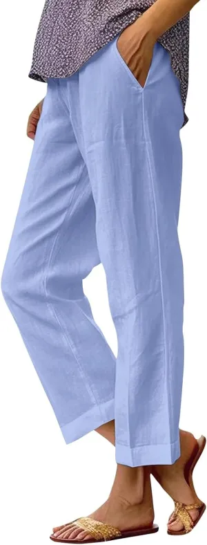 Wide Leg Linen Pants for Women Plus Size Cropped Linen Pants Casual Summer Elastic High Waisted Lounge Pants