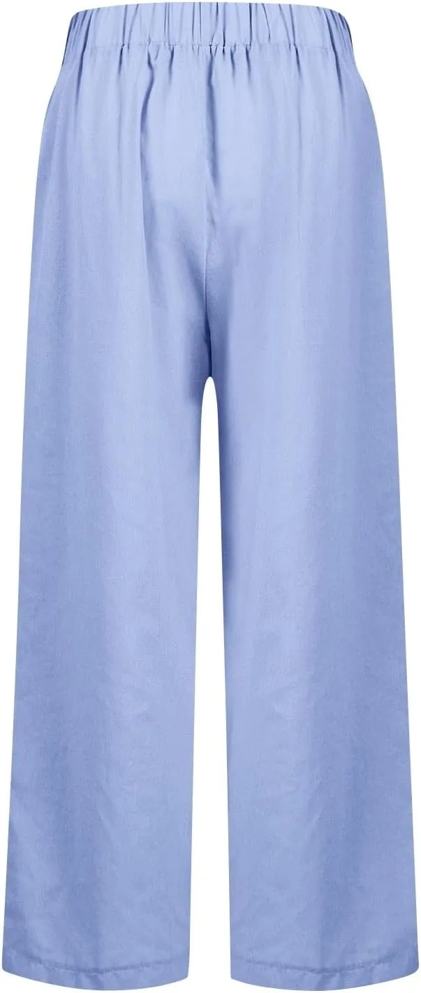 Wide Leg Linen Pants for Women Plus Size Cropped Linen Pants Casual Summer Elastic High Waisted Lounge Pants