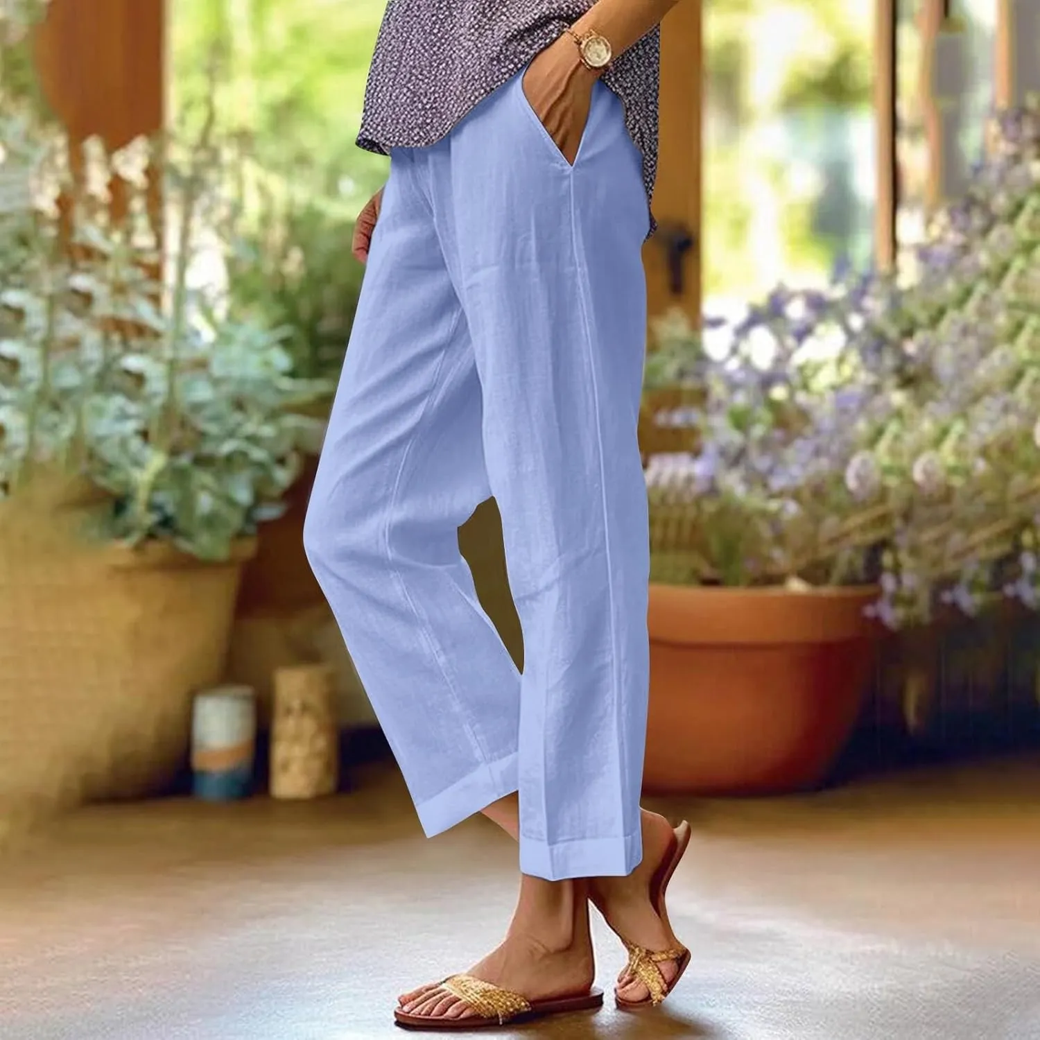 Wide Leg Linen Pants for Women Plus Size Cropped Linen Pants Casual Summer Elastic High Waisted Lounge Pants