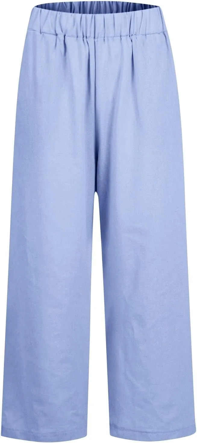 Wide Leg Linen Pants for Women Plus Size Cropped Linen Pants Casual Summer Elastic High Waisted Lounge Pants