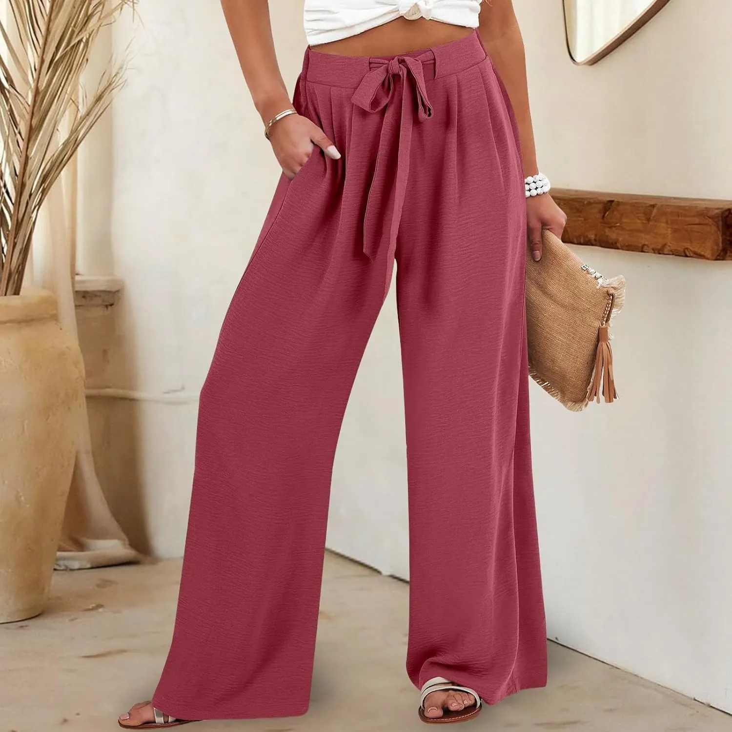 Wide Leg Linen Pants Women High Waisted Drawstring Palazzo Pants with Pockets Casual Flowy Loose Fit Beach Trousers