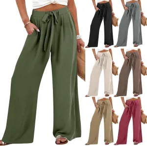 Wide Leg Linen Pants Women High Waisted Drawstring Palazzo Pants with Pockets Casual Flowy Loose Fit Beach Trousers