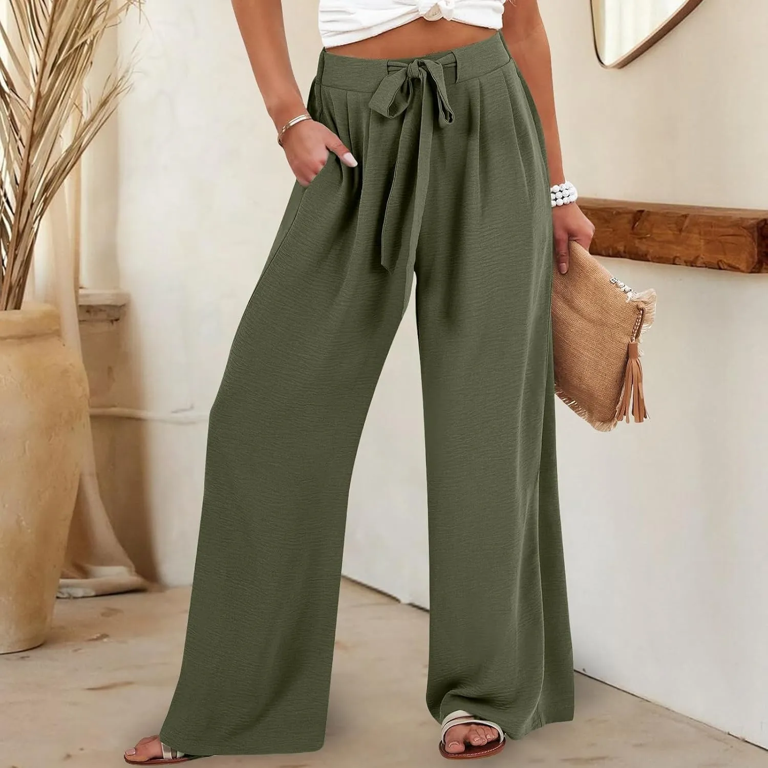 Wide Leg Linen Pants Women High Waisted Drawstring Palazzo Pants with Pockets Casual Flowy Loose Fit Beach Trousers