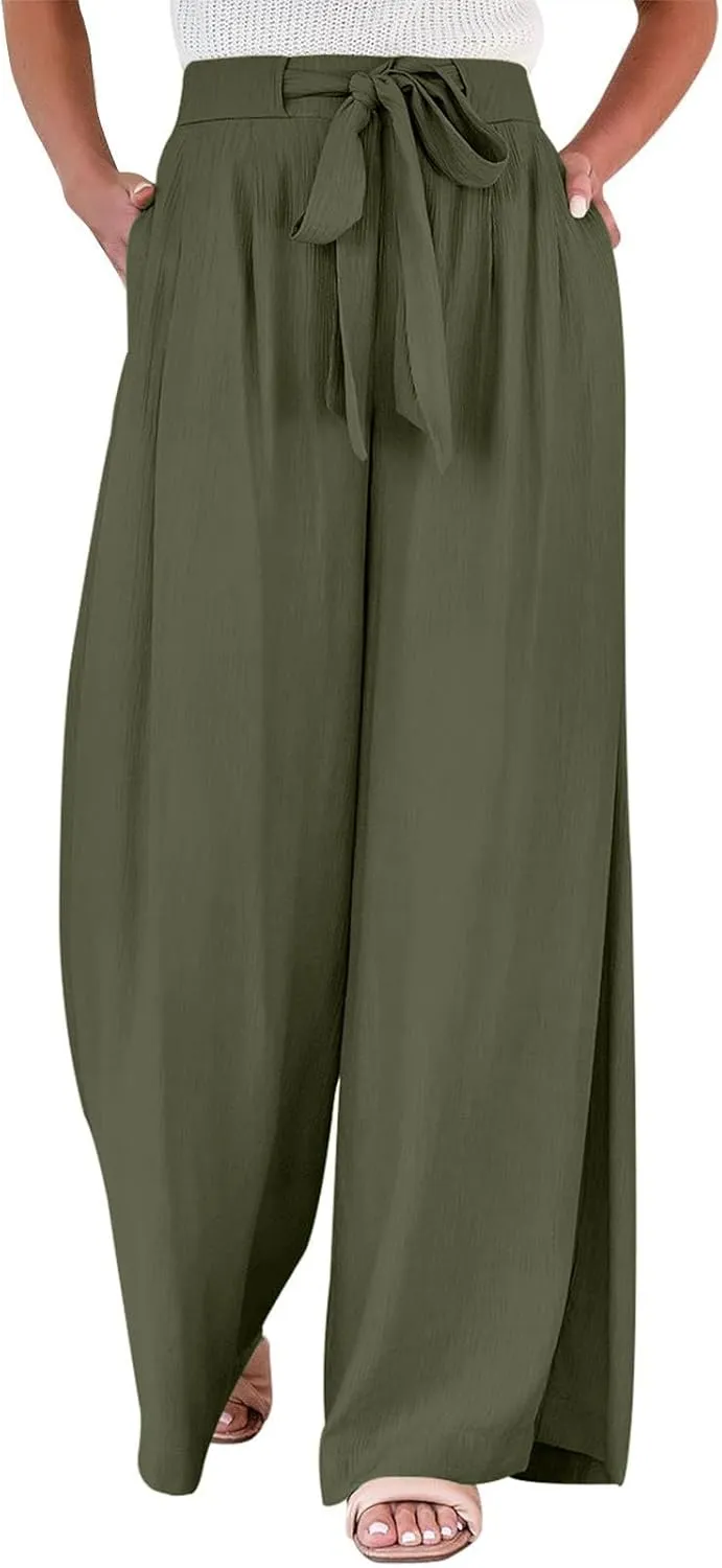 Wide Leg Linen Pants Women High Waisted Drawstring Palazzo Pants with Pockets Casual Flowy Loose Fit Beach Trousers