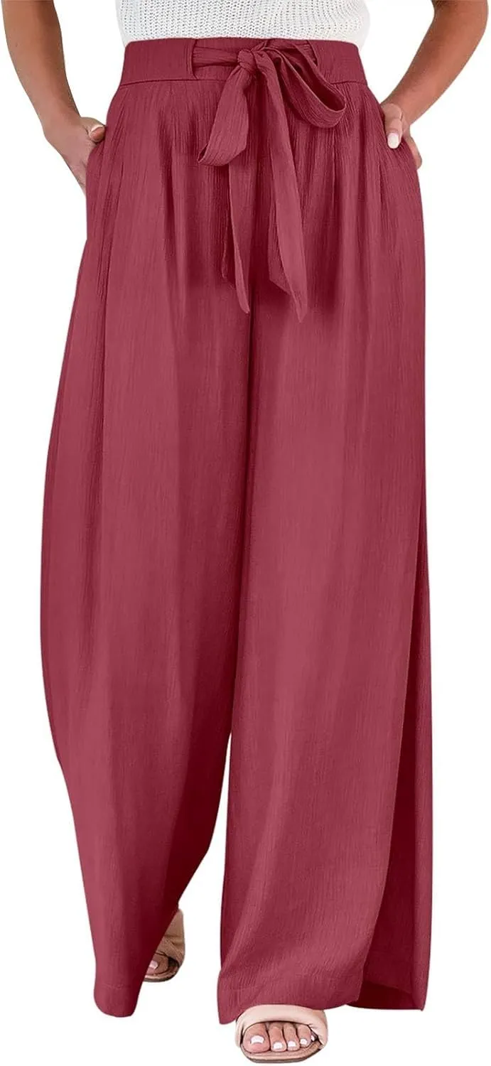 Wide Leg Linen Pants Women High Waisted Drawstring Palazzo Pants with Pockets Casual Flowy Loose Fit Beach Trousers