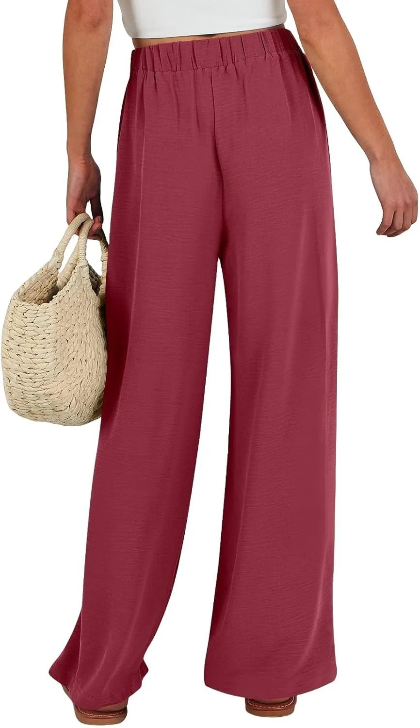 Wide Leg Linen Pants Women High Waisted Drawstring Palazzo Pants with Pockets Casual Flowy Loose Fit Beach Trousers