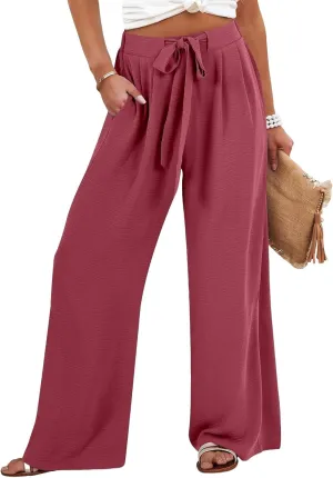 Wide Leg Linen Pants Women High Waisted Drawstring Palazzo Pants with Pockets Casual Flowy Loose Fit Beach Trousers