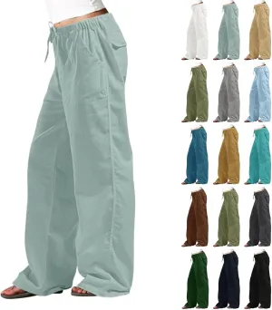 Wide Leg Pants for Women Plus Size Baggy Drawstring Long Cotton Linen Pants Summer Lounge Trousers with Pocket