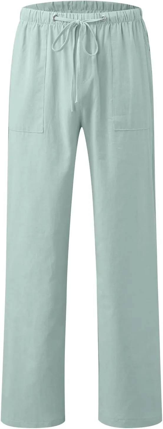 Wide Leg Pants for Women Plus Size Baggy Drawstring Long Cotton Linen Pants Summer Lounge Trousers with Pocket