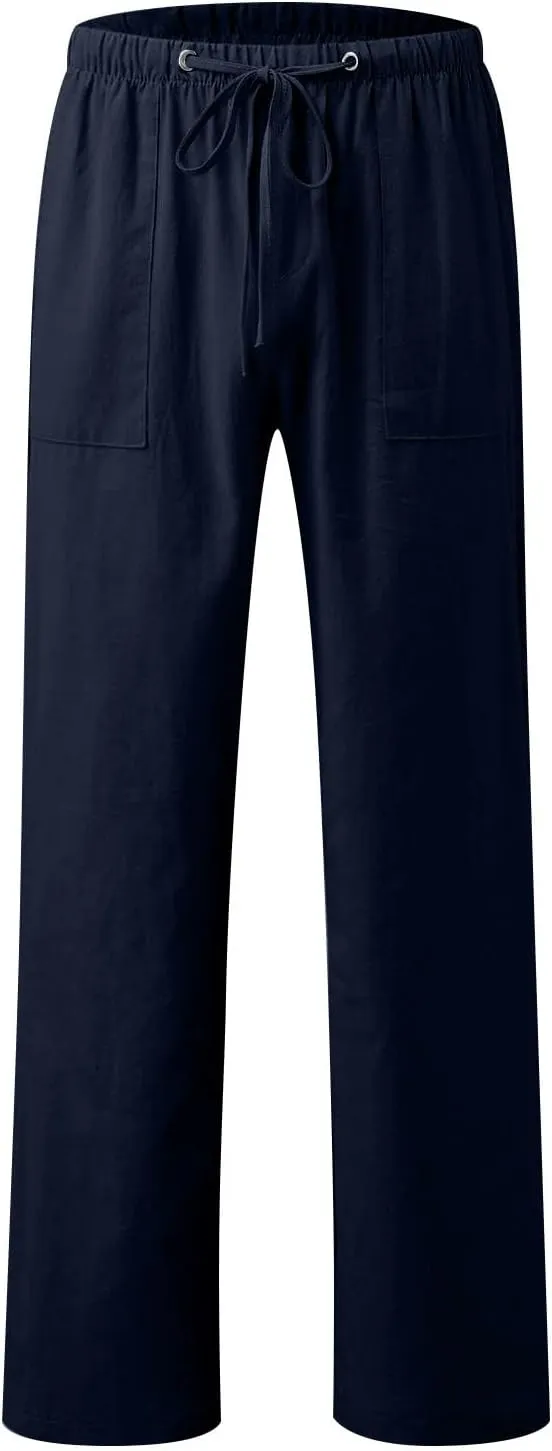 Wide Leg Pants for Women Plus Size Baggy Drawstring Long Cotton Linen Pants Summer Lounge Trousers with Pocket