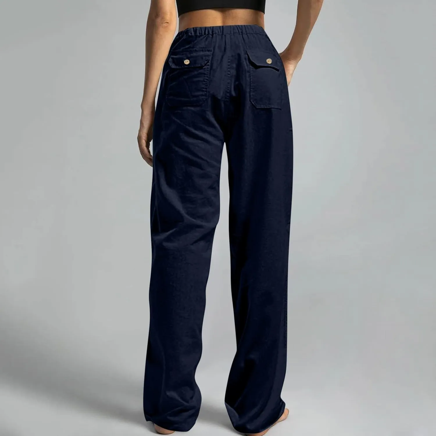 Wide Leg Pants for Women Plus Size Baggy Drawstring Long Cotton Linen Pants Summer Lounge Trousers with Pocket