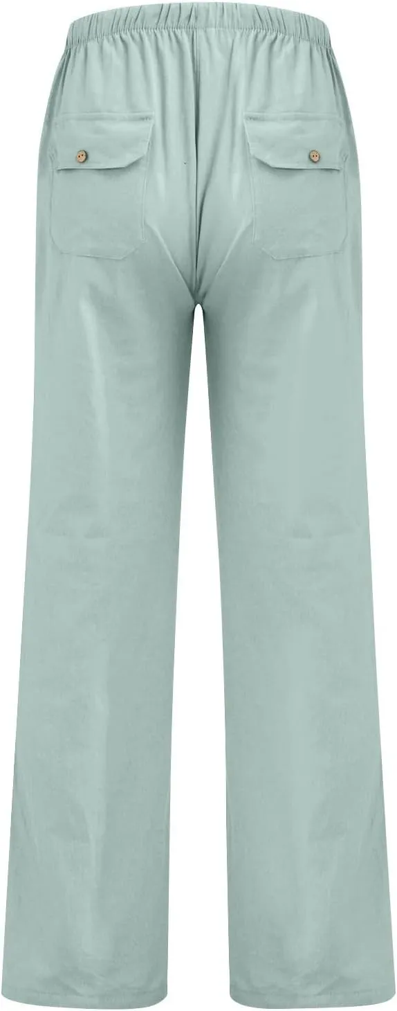 Wide Leg Pants for Women Plus Size Baggy Drawstring Long Cotton Linen Pants Summer Lounge Trousers with Pocket