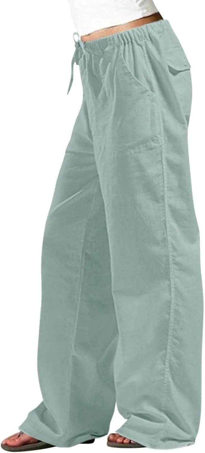 Wide Leg Pants for Women Plus Size Baggy Drawstring Long Cotton Linen Pants Summer Lounge Trousers with Pocket