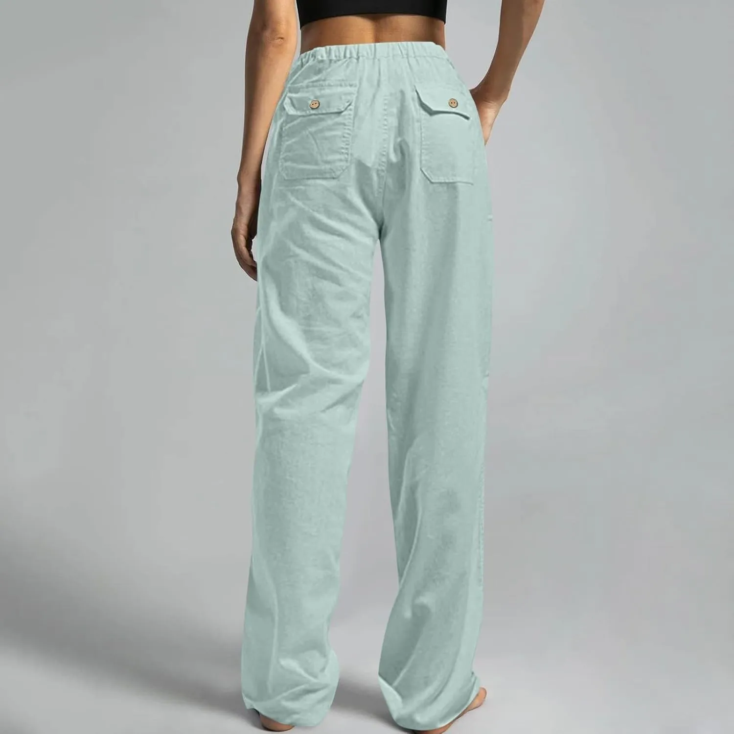 Wide Leg Pants for Women Plus Size Baggy Drawstring Long Cotton Linen Pants Summer Lounge Trousers with Pocket
