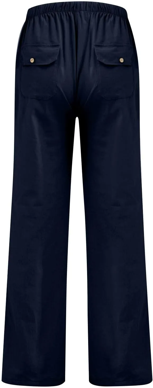 Wide Leg Pants for Women Plus Size Baggy Drawstring Long Cotton Linen Pants Summer Lounge Trousers with Pocket