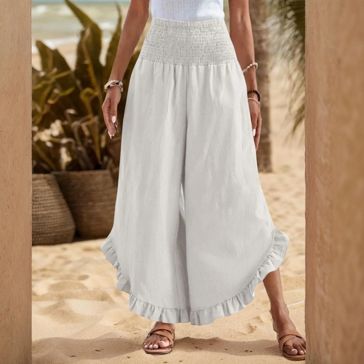 Wide Leg Pants Woman Casual Summer Smocked High Waisted Linen Pants Flowy Ruffle Hem Palazzo Pants with Pockets