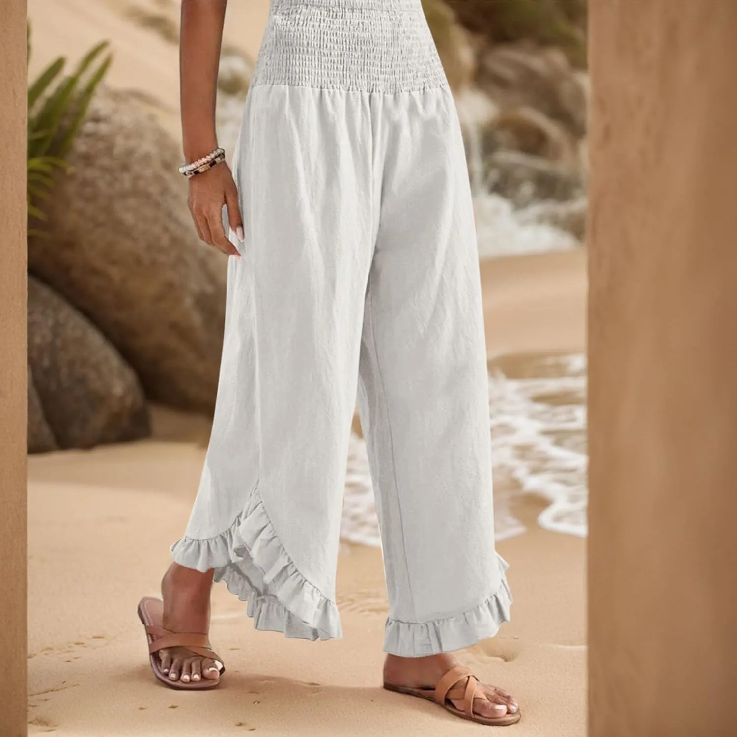 Wide Leg Pants Woman Casual Summer Smocked High Waisted Linen Pants Flowy Ruffle Hem Palazzo Pants with Pockets