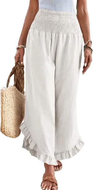 Wide Leg Pants Woman Casual Summer Smocked High Waisted Linen Pants Flowy Ruffle Hem Palazzo Pants with Pockets