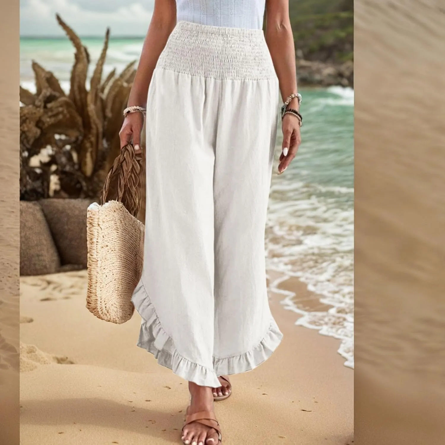 Wide Leg Pants Woman Casual Summer Smocked High Waisted Linen Pants Flowy Ruffle Hem Palazzo Pants with Pockets