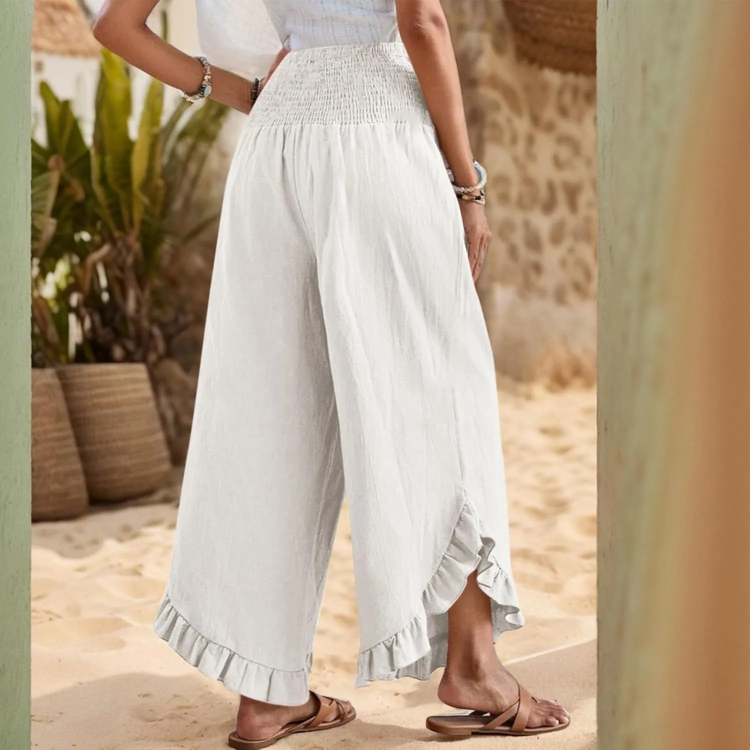 Wide Leg Pants Woman Casual Summer Smocked High Waisted Linen Pants Flowy Ruffle Hem Palazzo Pants with Pockets