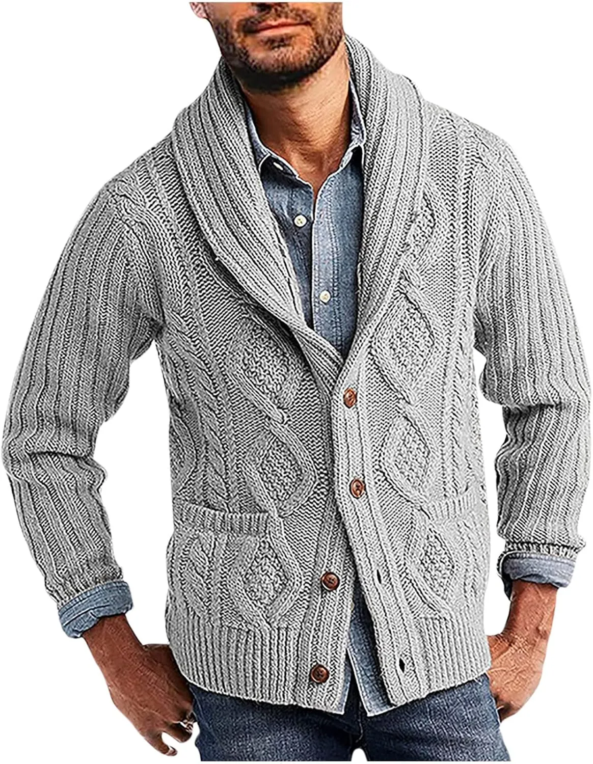 Winter Cardigan for Men Lightweight Button Down Sweaters V Neck Cable Knit Cardigan Casual Sweater with Pockets