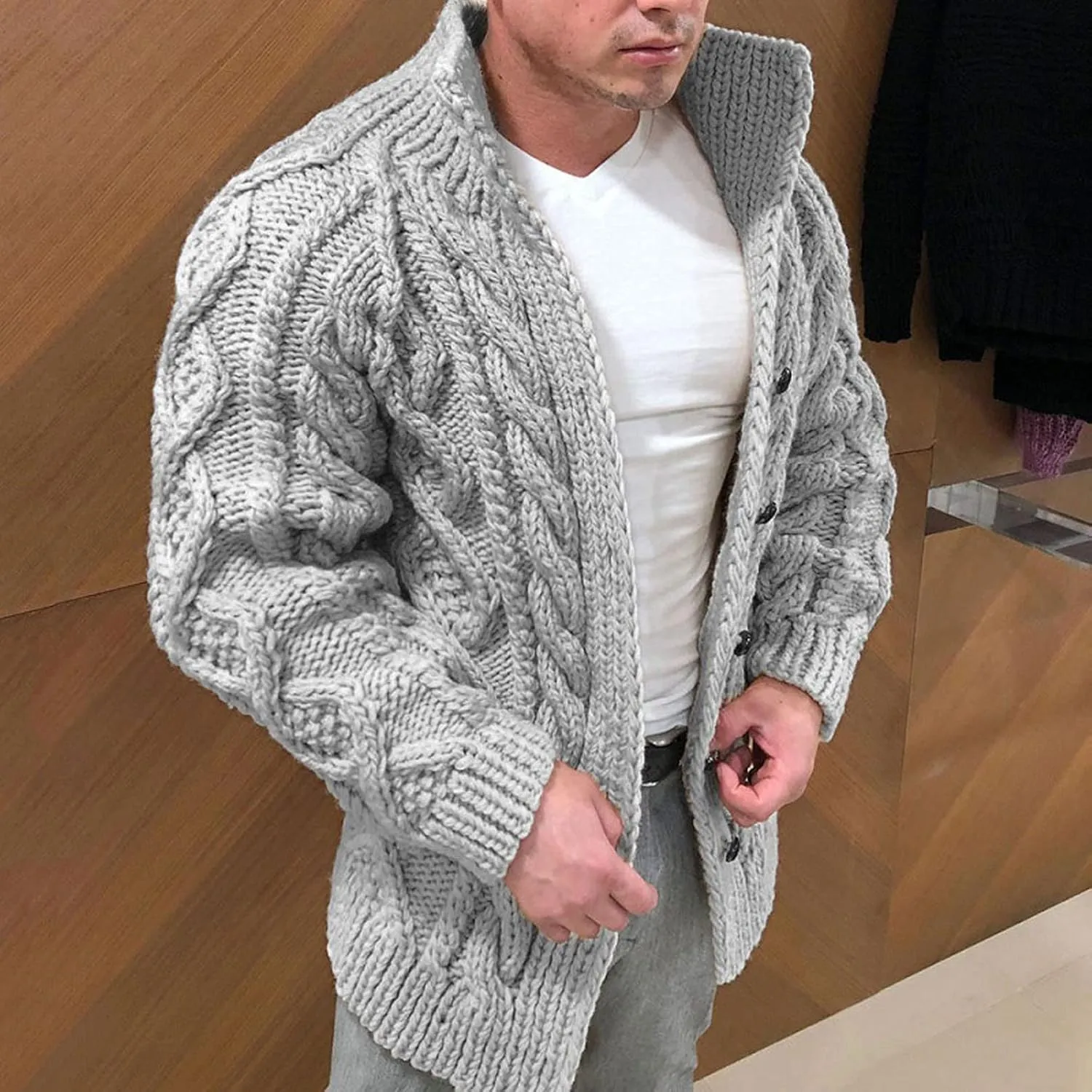 Winter Cardigan Sweater Men Cable Knit Cardigan Sweaters Button Down Knitted Sweater Stand Collar Sweaters