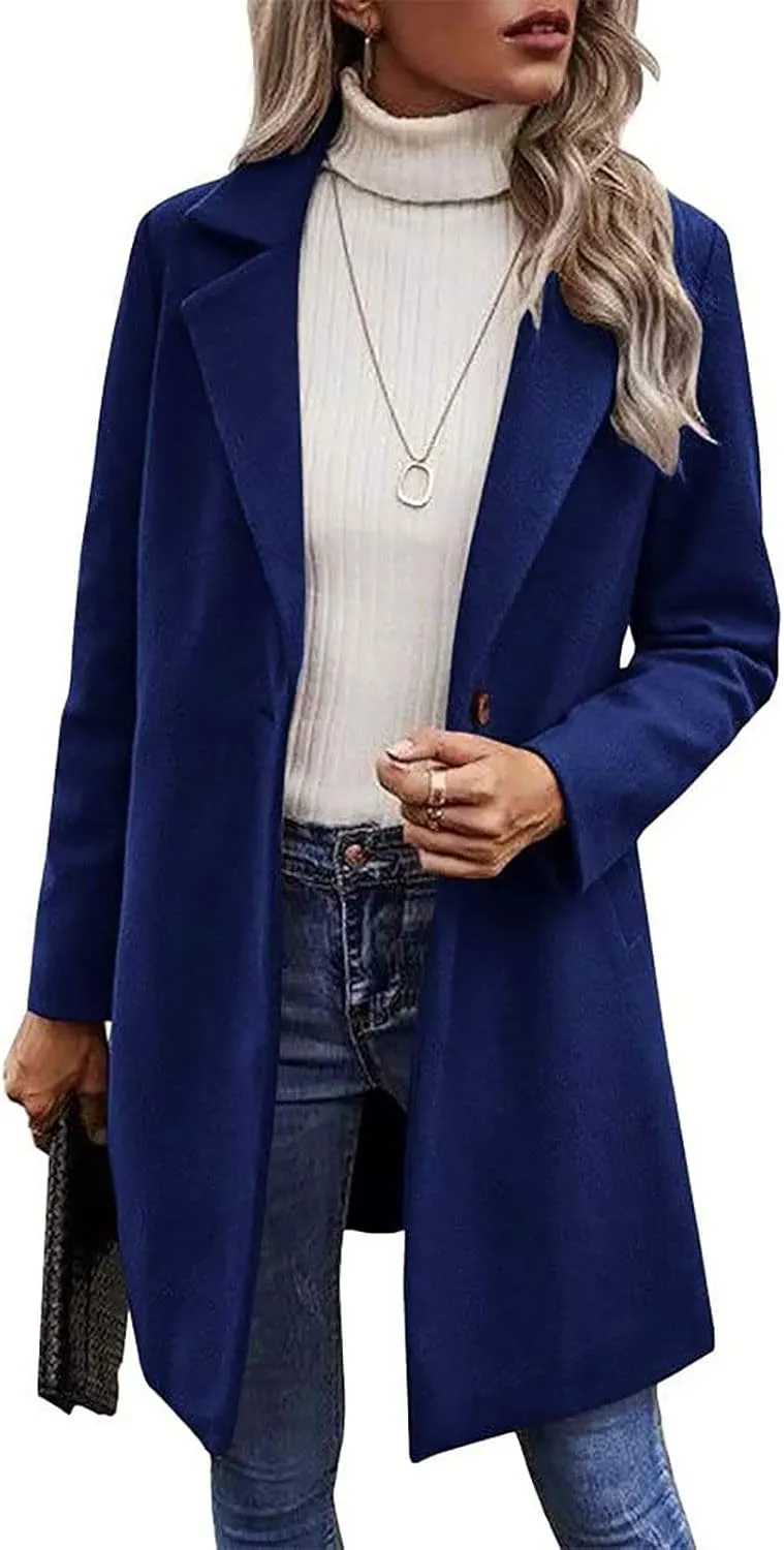 Wkishenl Women's Wool Blend Coat Fall Winter Fashion Lapel Collar Trench Coat Solid Color Single Breasted Jackets Outerwear