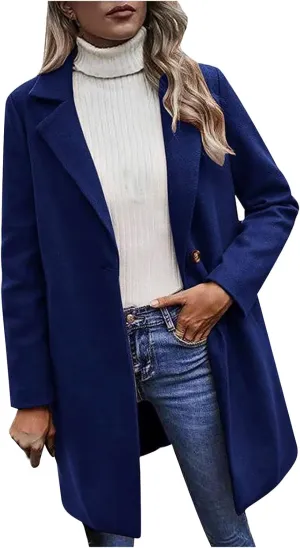 Wkishenl Women's Wool Blend Coat Fall Winter Fashion Lapel Collar Trench Coat Solid Color Single Breasted Jackets Outerwear