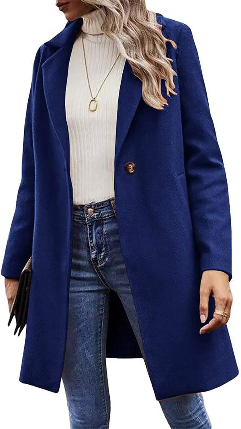 Wkishenl Women's Wool Blend Coat Fall Winter Fashion Lapel Collar Trench Coat Solid Color Single Breasted Jackets Outerwear